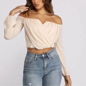 Windsor Faux Wrap Off Shoulder Top Beige Cream S